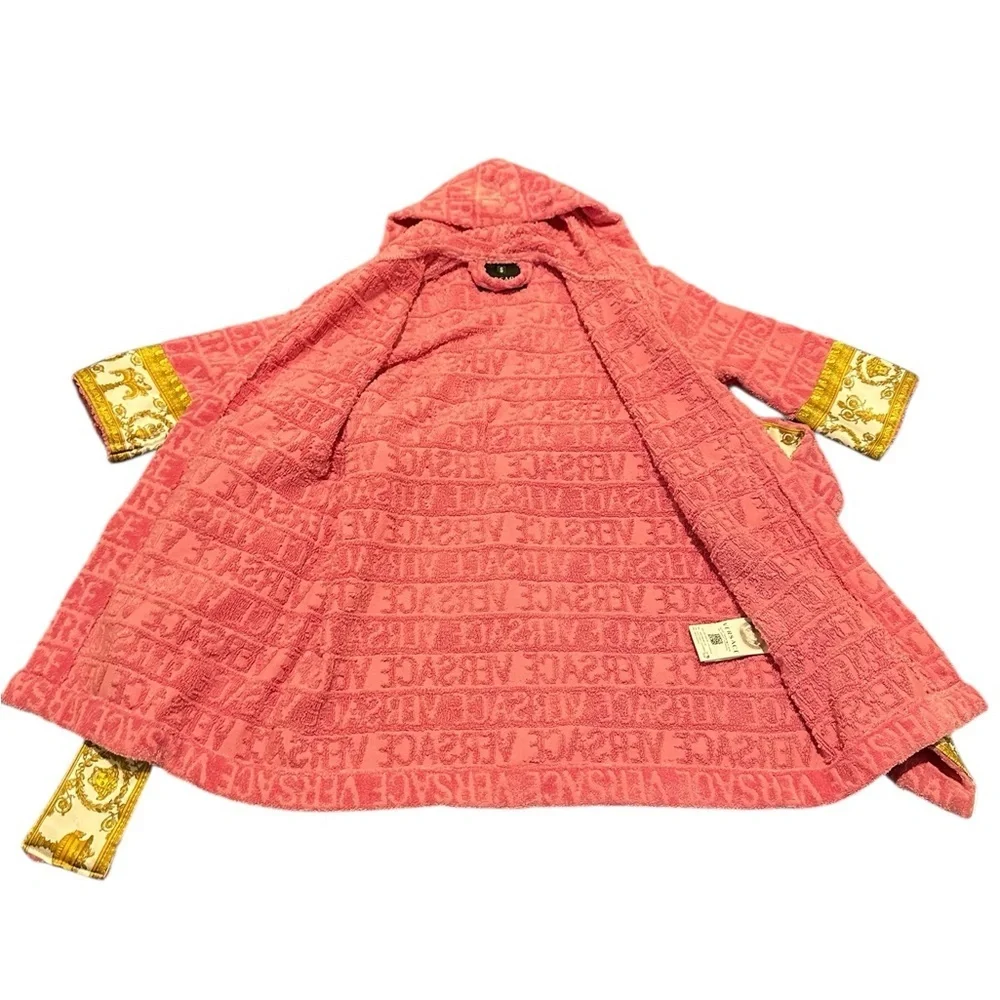 Versace Kids Coral Hooded Pajama Robe with Gold Baroque Trim, pre-owned